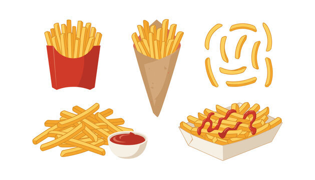 French fries vector set with potato chips fast food snack box paper cone and ketchup isolated on white background