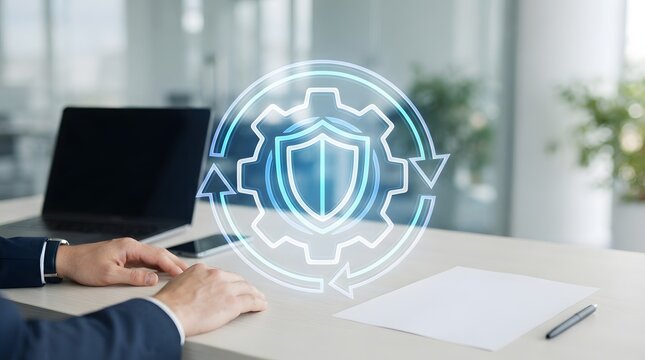 Cybersecurity and digital data protection concept showing glowing blue shield gear icon hologram in a modern office business environment with laptop.