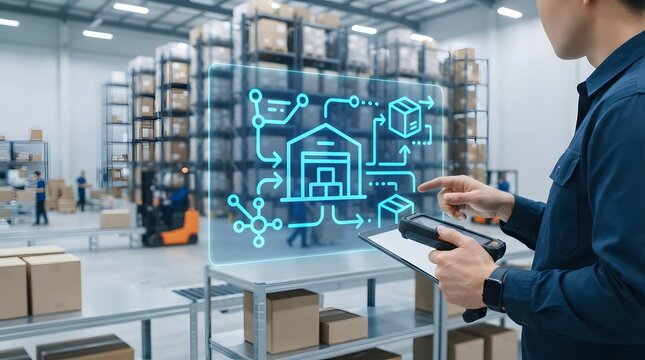 Smart warehouse management concept featuring a worker using a digital holographic interface for real-time inventory tracking and supply chain logistics optimization in a modern facility.