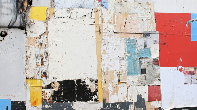 Distressed Urban Wheatpaste Wall with Layered Torn Posters and Color Blocks
