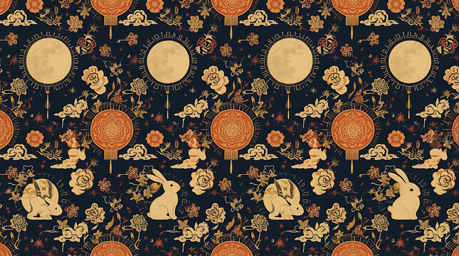 Oriental seamless pattern with full moons, glowing lanterns, and rabbits on dark blue