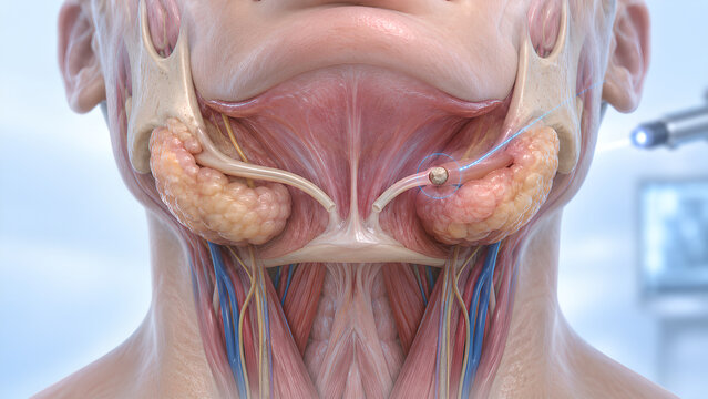 Salivary gland stone treatment planning with photorealistic 3D anatomy, futuristic diagnostic interface, clinical procedure concept and copy space for healthcare education and medical website design