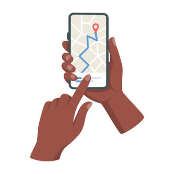 Map Navigation App on Smartphone, Vector Illustration. Cartoon GPS Navigation on Phone. Hand Holding Mobile Map with Route, Location Pin. Delivery Tracking, Route Finder, Direction