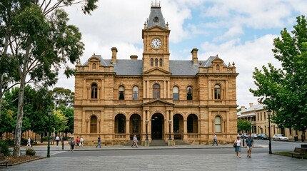 Obraz premium Historic sandstone town hall with clock tower and arched entrance
