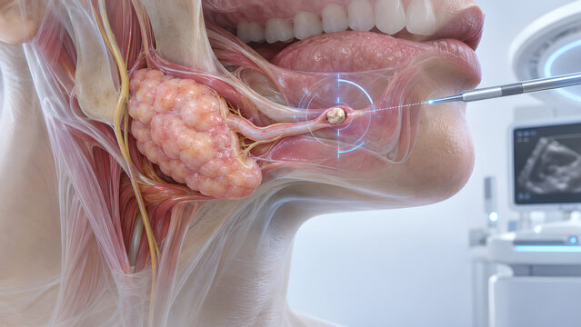 Salivary gland stone treatment planning with photorealistic 3D anatomy, futuristic diagnostic interface, clinical procedure concept and copy space for healthcare education and medical website design