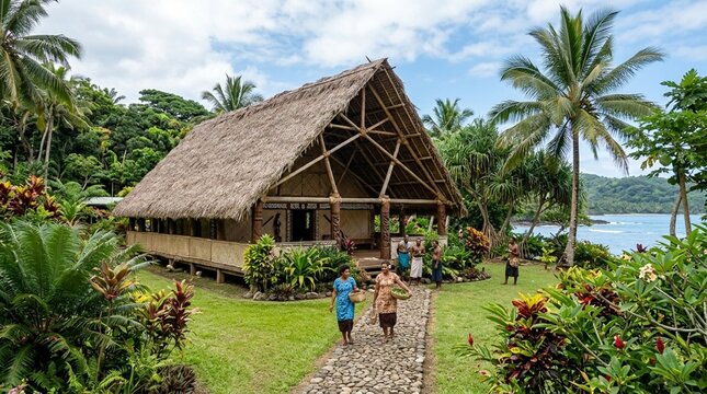 Traditional Fijian Village Hut with People and Tropical Landscape