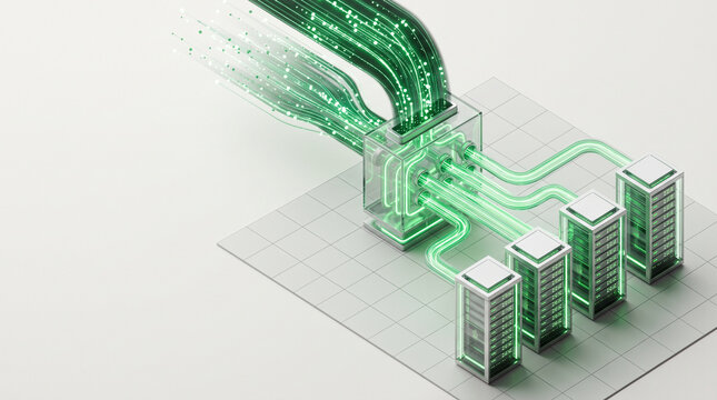 Isometric 3D render of central glass load balancer distributing incoming glowing green data traffic evenly across parallel server pods on off white backdrop with copy space