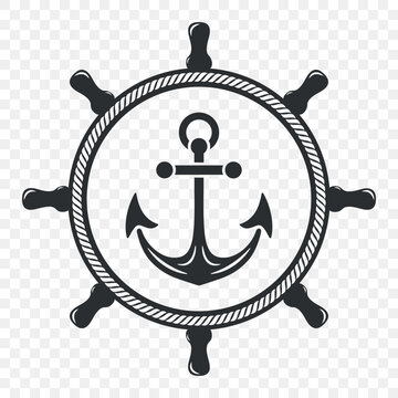 Nautical Anchor and Ship Wheel Emblem, Vector Illustration. Black and White Marine Steering Wheel with Anchor Inside Round Rope Frame. Vintage Sea Travel Symbol. Sailor Maritime Badge. Ocean Logo