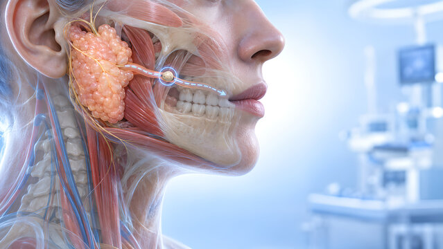 Salivary gland stone treatment planning with photorealistic 3D anatomy, futuristic diagnostic interface, clinical procedure concept and copy space for healthcare education and medical website design