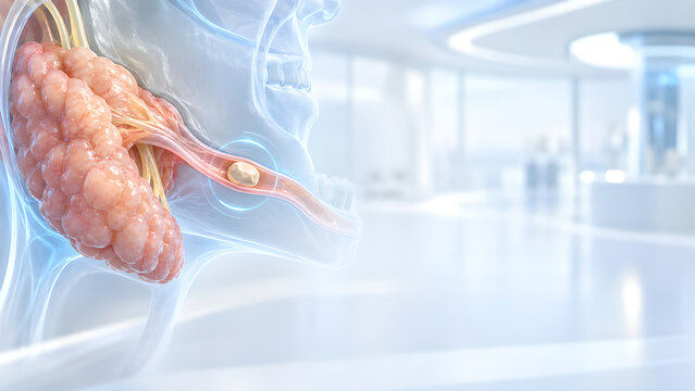 Salivary gland stone treatment planning with photorealistic 3D anatomy, futuristic diagnostic interface, clinical procedure concept and copy space for healthcare education and medical website design