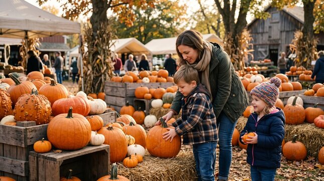 Mother with children picking pumpkins at outdoor autumn patch

