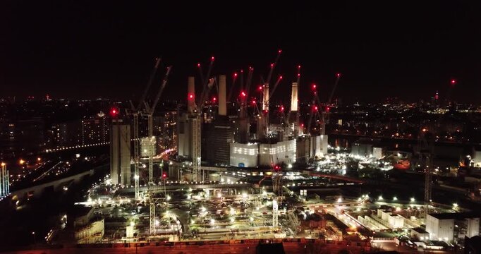 Aerial view of Battersea Power Station at night, United Kingdom.
