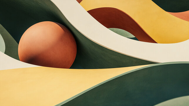 Terracotta Sphere Among Flowing Geometric Forms in Warm Modern Color Palette