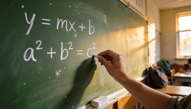 teacher writing math equations on chalkboard, algebra, geometry, classroom lesson, school education, teacher hand, chalk board, study, lesson, learning, formula, mathematics