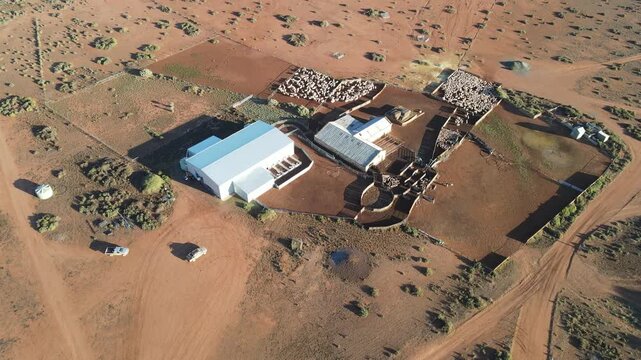 Aerial view of a sheep station in the Australian outback, Australia.