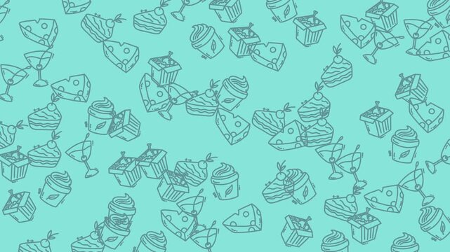 Seamless teal pattern with hand-drawn desserts and cocktails