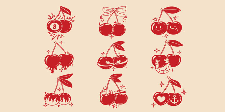 retro cherry vintage red berry hand drawn fruit for print sketch cherries with ribbon bow