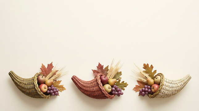 Three beautifully woven cornucopias are abundantly filled with ripe autumnal fruits including grapes and apples alongside colorful leaves and various nuts on a soft cream