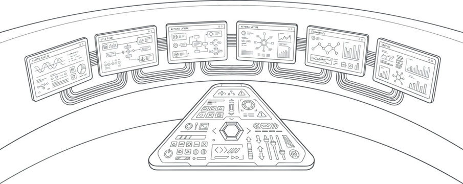 Futuristic spaceship control panel vector line art showing multiple digital screen monitors data analytics interfaces and spaceship cockpit