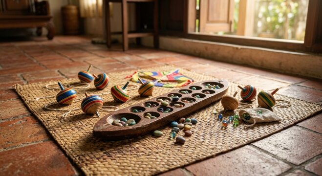 Vintage Mancala Board and Colorful Spinning Tops Arranged on a Woven Mat