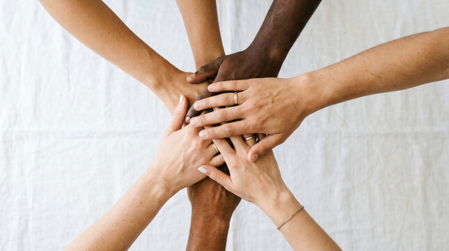 Diverse group of hands stacking palms in unity against plain white background with ample copy space