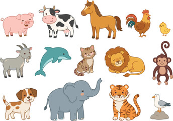 Obraz premium Cute cartoon animal vector collection with adorable domestic farm wildlife safari and marine creatures for children education baby design