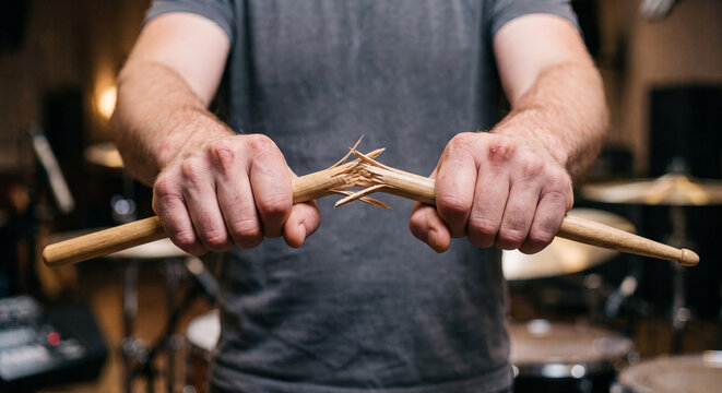 Concept of music burnout and pressure with a musician breaking a drumstick 