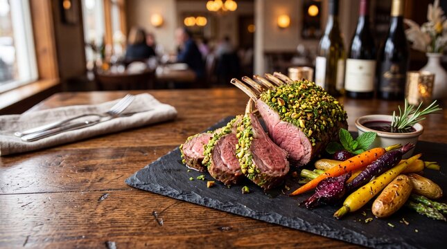 Gourmet roasted rack of lamb with green herb pistachio crust sliced on slate board with copy space