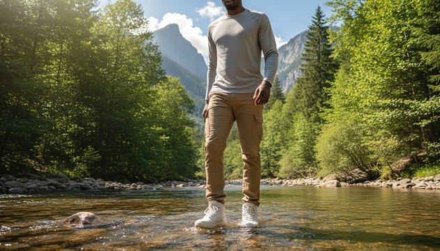 African American man wearing blank white hiking boots wading through clear mountain creek