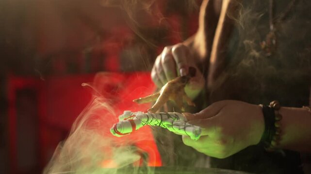 close-up of a woman s hands holding a voodoo doll and a cauldron from which green liquid flows, as she waves a dried chicken foot over it. Everyday life intertwined with traditional witchcraft, magic
