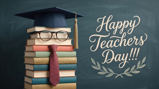 Happy teachers day greeting with graduation cap and books stack