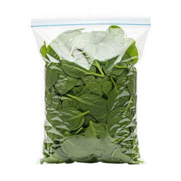 A transparent plastic bag filled with fresh baby spinach isolated on transparent background