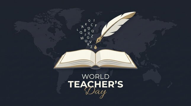 World teacher's day illustration with feather quill and open book