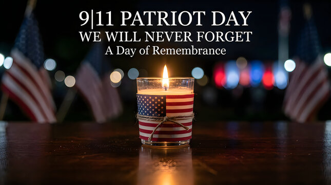 9/11 Patriot Day We Will Never Forget &ndash; A Day of Remembrance, Memorial Candle with American Flags