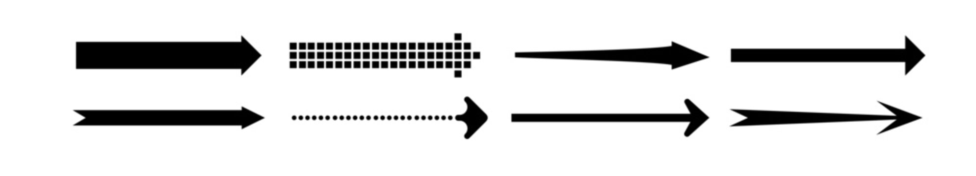 Arrow right black set icon in flat. Sign on white backdrop. Vector