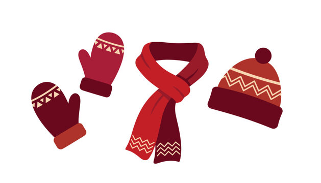 Vector illustration set of cozy winter clothing accessories including red mittens a knit scarf and beanie