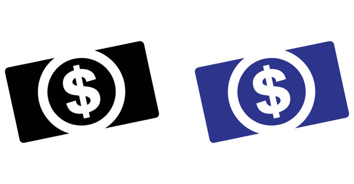 Minimalist black and blue dollar banknote icons with white symbol on white background.