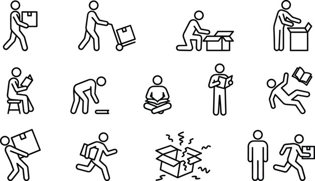 Logistics and delivery service outline vector icon set showing box handling packing shipping carrying reading and falling hazards