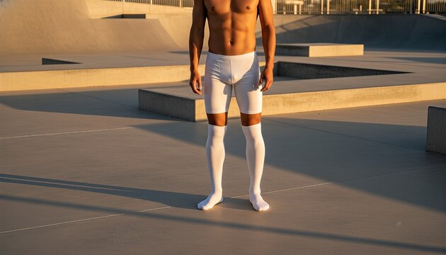 Asian man wearing blank white sports socks standing on a brutalist concrete running track