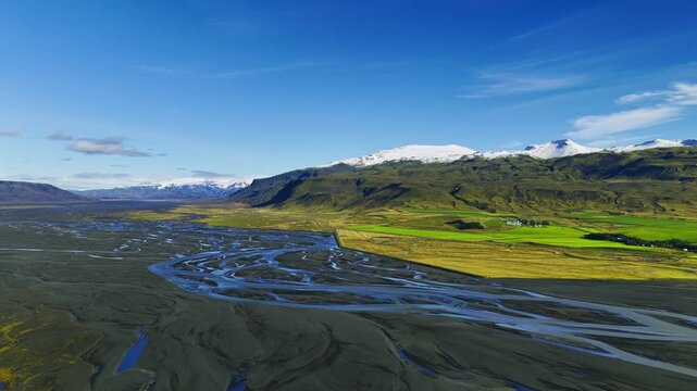 Aerial view of Markarfljot river in Rangarthing eystra, Iceland.