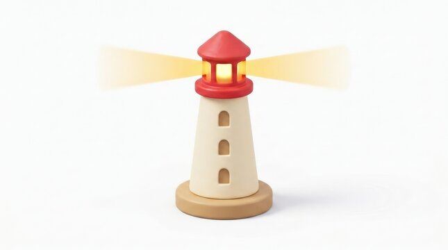 Toy lighthouse with glowing yellow searchlight beams on white backdrop.