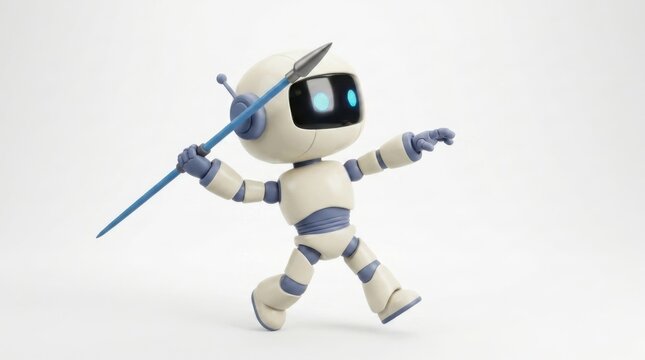 Little white robot throwing blue spear forward on isolated white backdrop.