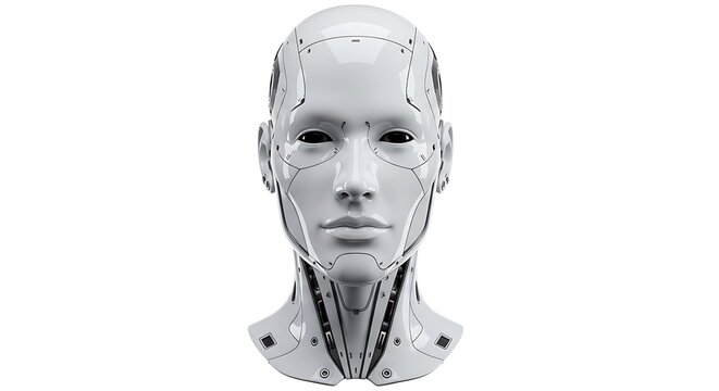 Close-up front portrait of a white robotic face with robot head, artificial intelligence