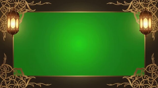 Elegant Green Background with Golden Islamic Lanterns and Ornate Patterns