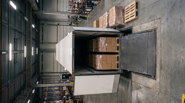 Open delivery trailer backed to an industrial warehouse dock, showing palletized boxes on the trailer and dock area for logistics and freight handling concepts.