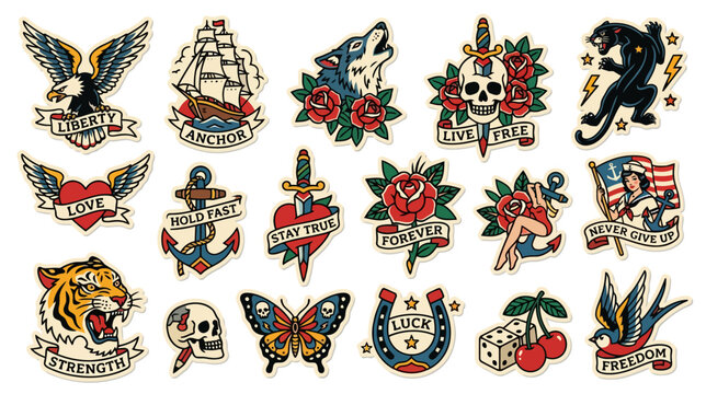 Traditional Tattoo Flash Art Collection: Eagle, Wolf, Skull, Panther, Rose, Anchor