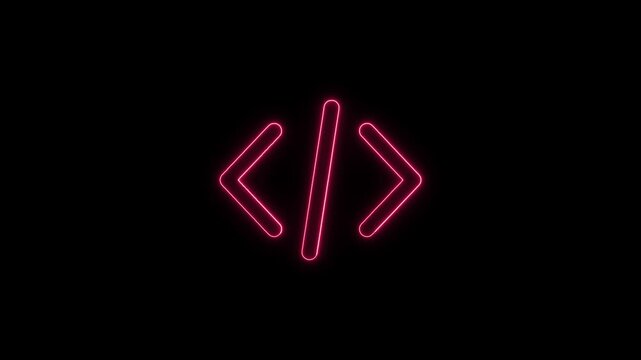 Glowing Neon Pink HTML Coding Bracket Slash Icon Animation on Black Background Loop