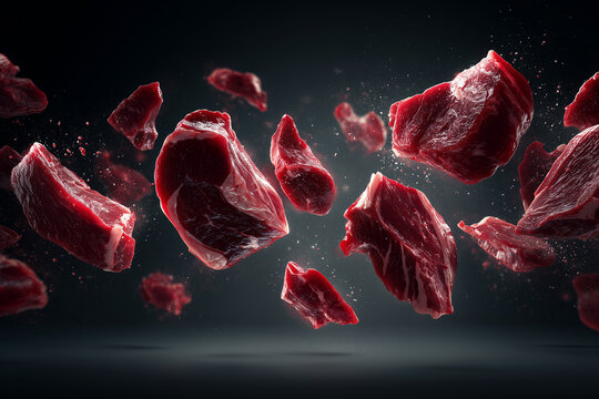 Fresh raw beef chunks flying in mid air on dark background