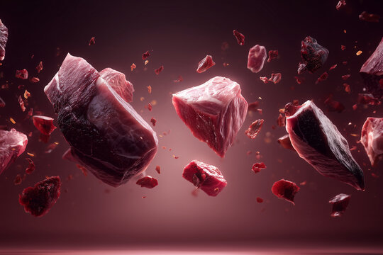 Raw beef chunks flying with spices on dark red background
