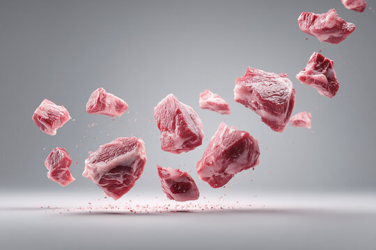 Floating raw beef meat chunks on grey background